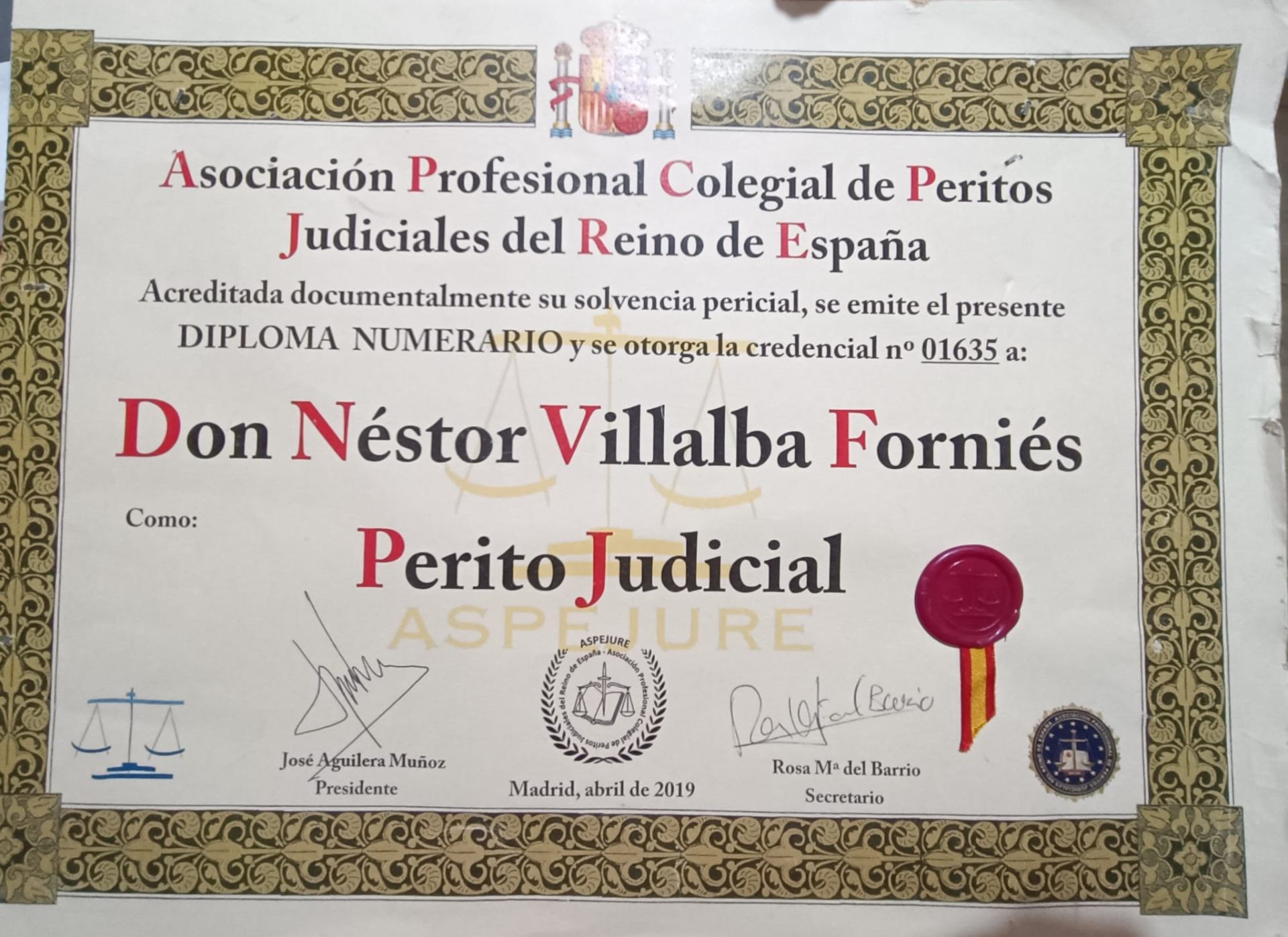 Diploma Perito Judicial — Don Néstor Villalba Forniés